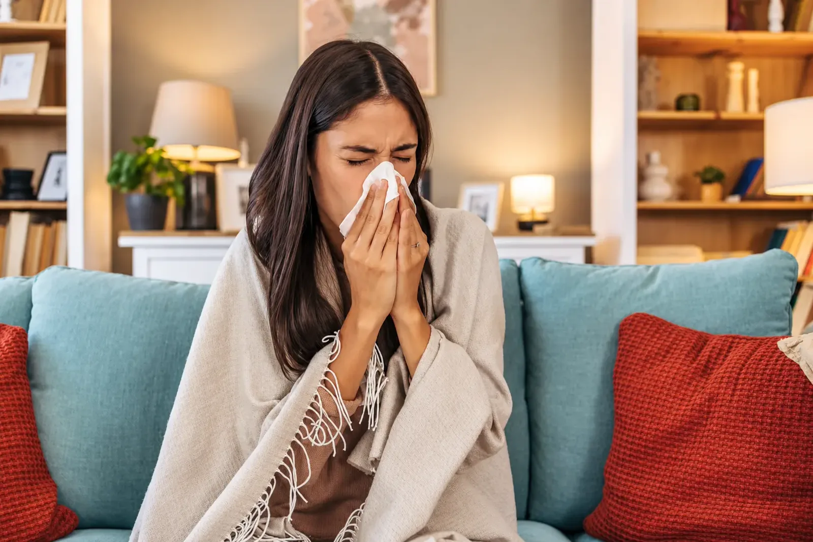 Woman on the couch blowing her nose with a tissue