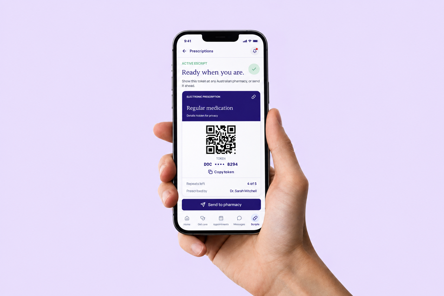 Hand holding a phone showing an active eScript token ready for any Australian pharmacy